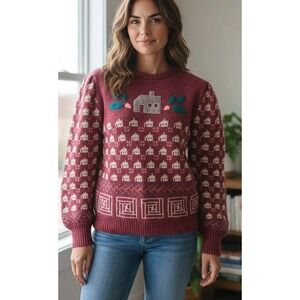 Y2K VTG Susan Bristol House Novelty Sweater Wool Embroidered‎ Houses Cottagecore